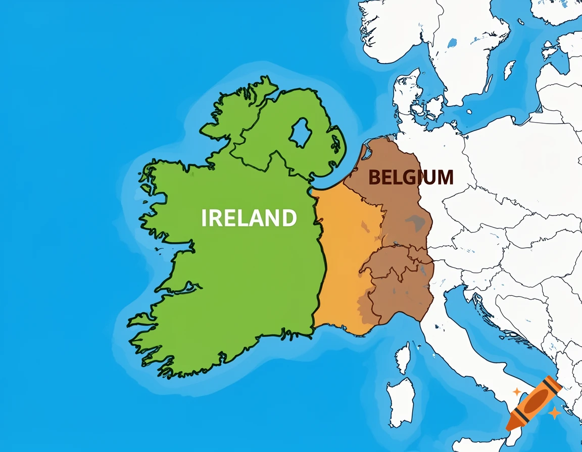 Humorous cartoon map showing Ireland (green) directly connected to Belgium (orange/brown), with other European countries in the background.