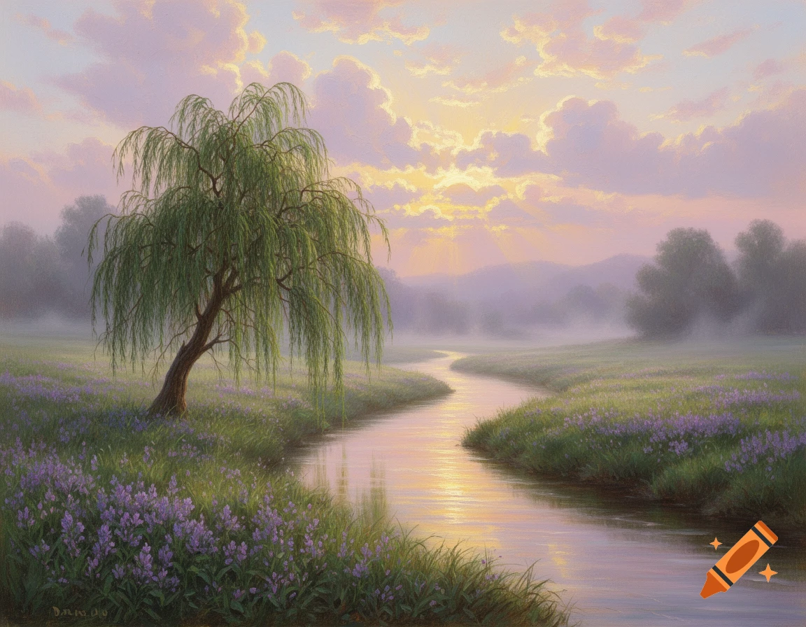 Painted landscape of a weeping willow tree by a winding river with ...