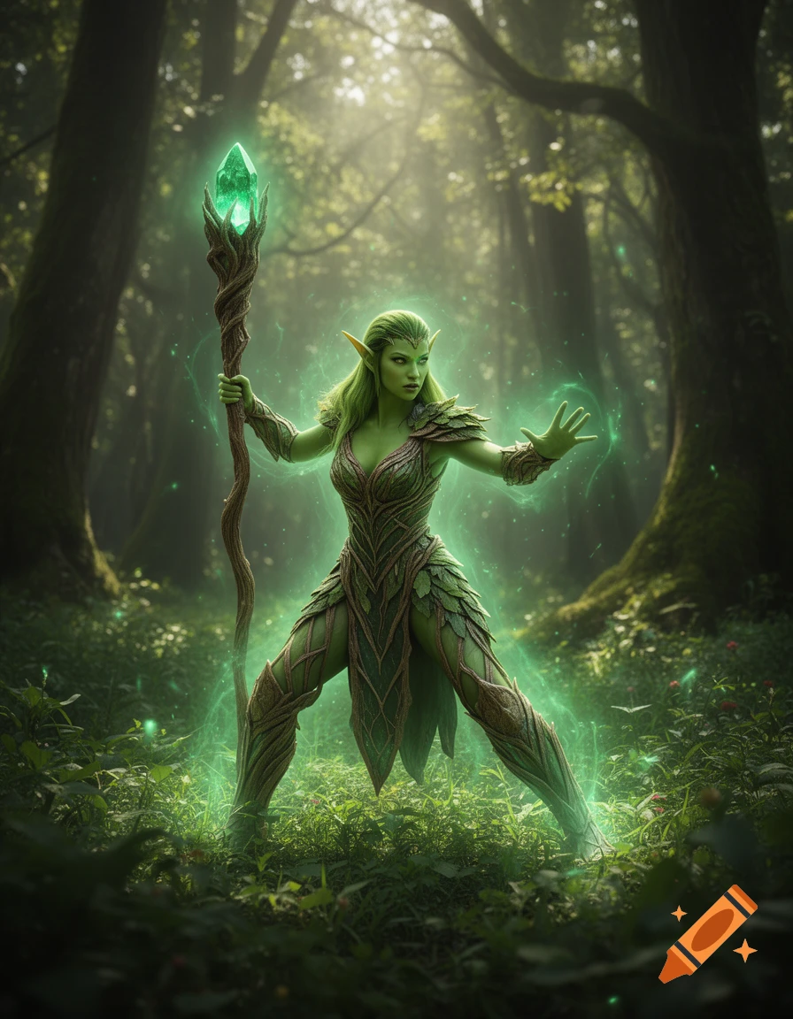A green-skinned elf with long hair and pointed ears stands in a magical forest, holding a glowing green crystal staff and conjuring green energy.