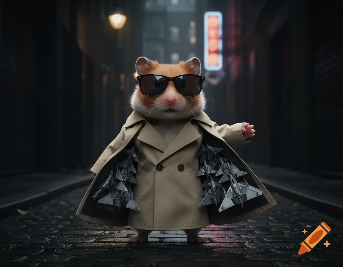 A cool hamster in a trenchcoat and sunglasses stands in a dark alley, revealing small stealth drones inside its coat.