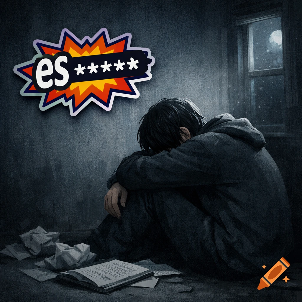 A distressed person hunched over in a dark room with paper, a speech bubble reads 'es ********', digital painting.