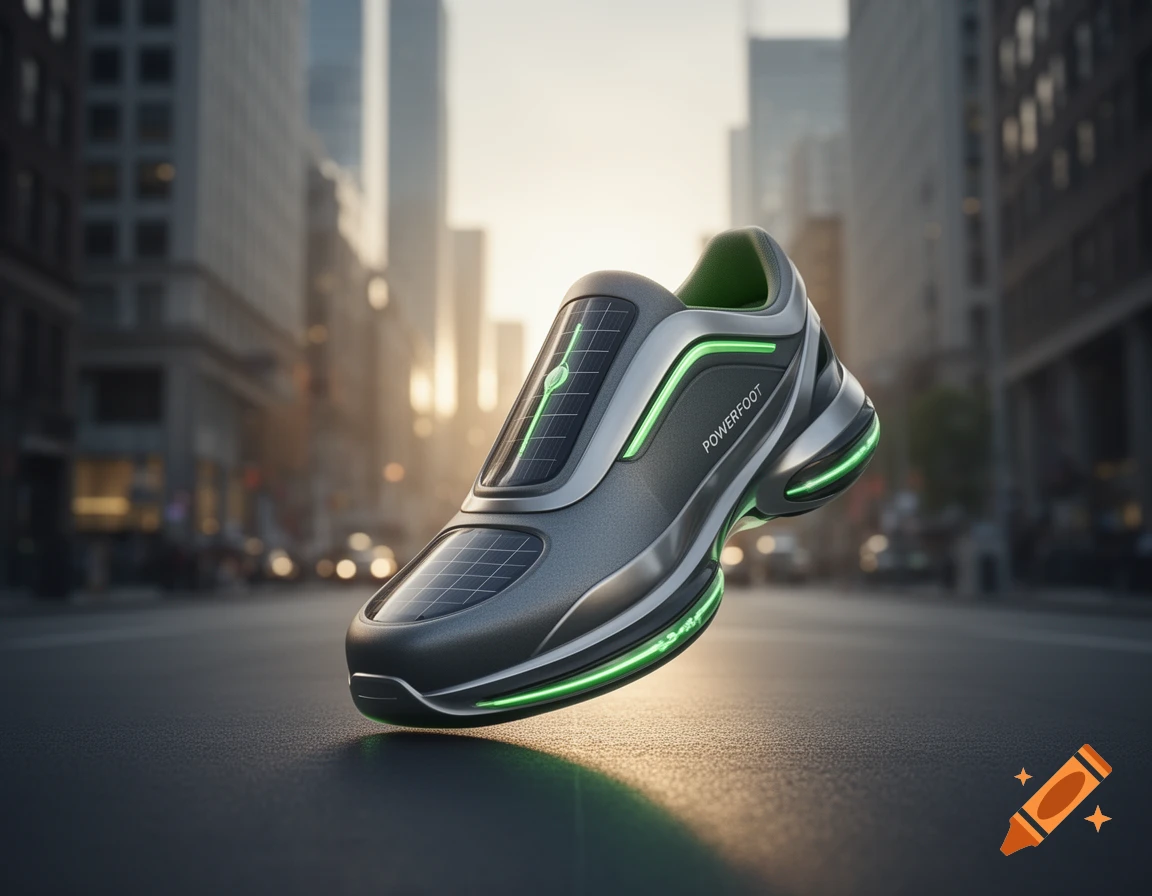 A futuristic grey and green athletic shoe with solar panels and glowing elements floats slightly above an urban street at sunset.