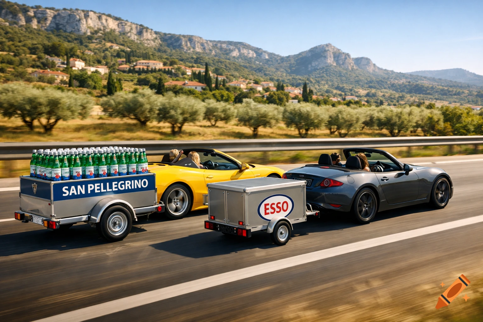 Two convertible sports cars, a yellow Ferrari and a grey Mazda MX-5, drive side-by-side on a highway. Each car pulls a trailer; one with San Pellegrino bottles, the other with an Esso branded box.