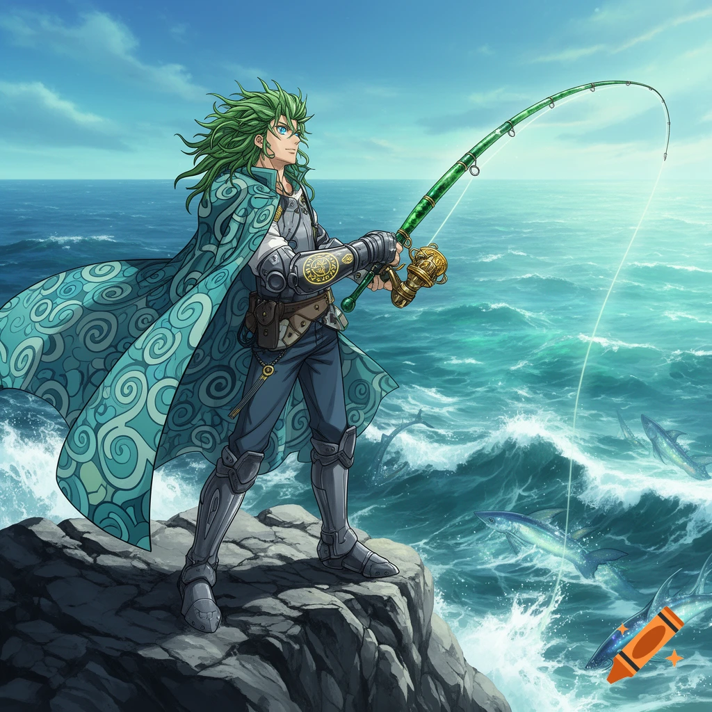 An anime character with green hair and a patterned cape fishes from a rocky cliff overlooking a wavy ocean with glowing fish.