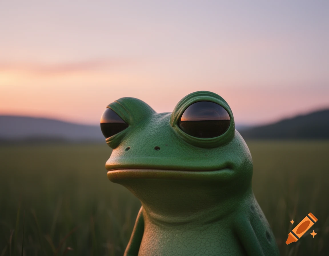 Close-up of a stylized green frog with large eyes in a grassy field at sunset.