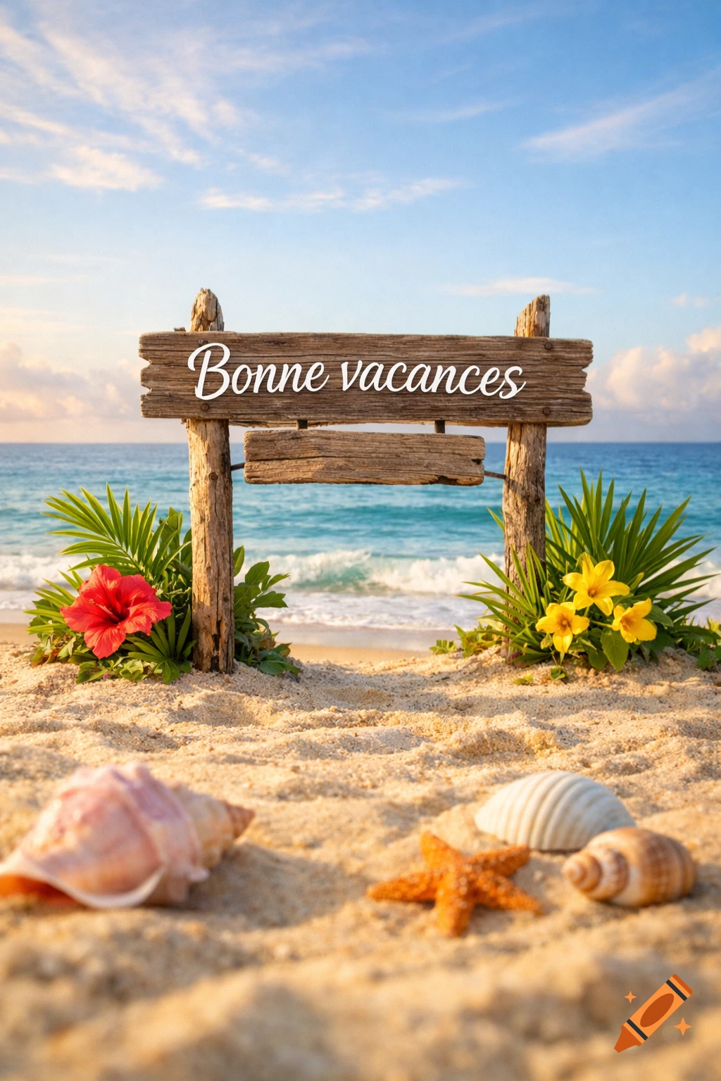 Wooden sign saying 'Bonne vacances' on a sunny tropical beach with ocean waves, sand, seashells, and flowers.