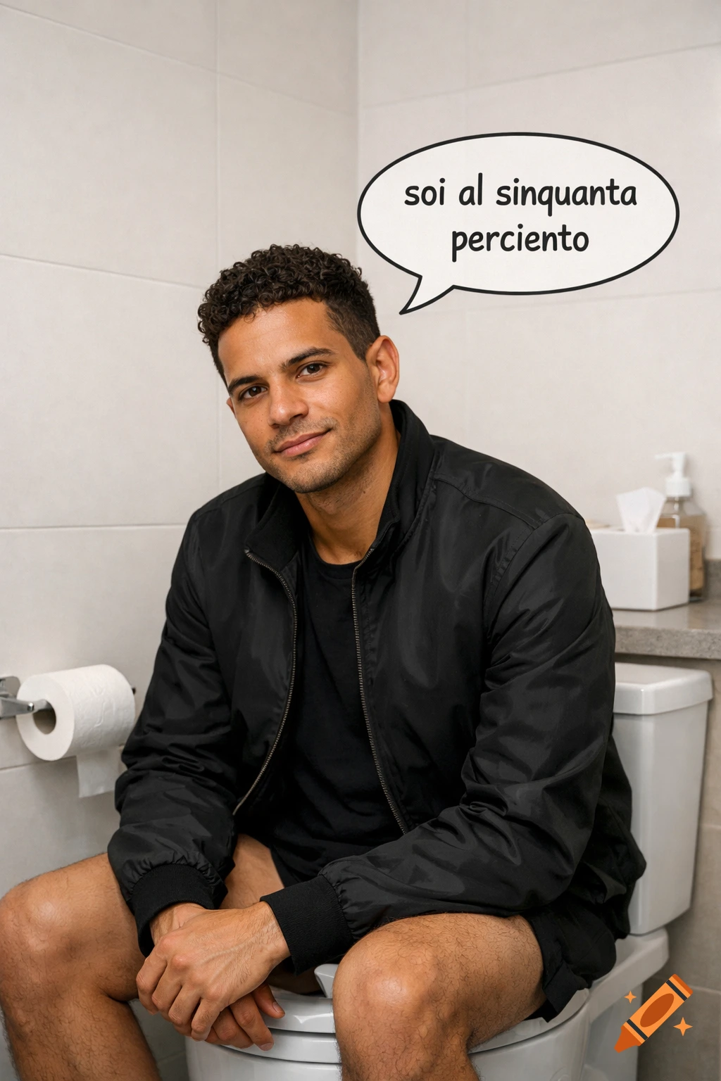 A man with curly hair in a black jacket sits on a toilet in a modern bathroom, with a speech bubble above his head.