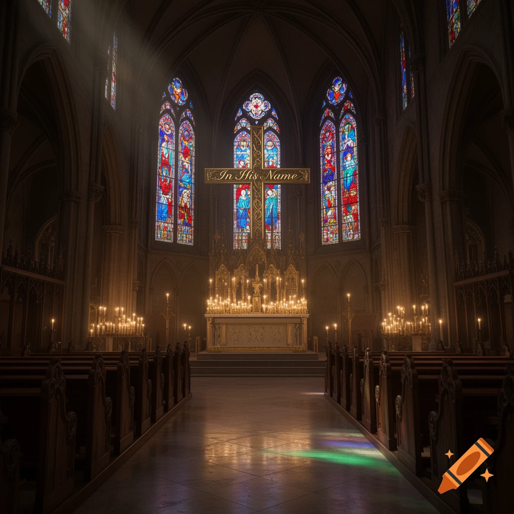 Interior view of a majestic church with stained glass windows, a large cross with "In His Name" text, and an altar lit by numerous candles.