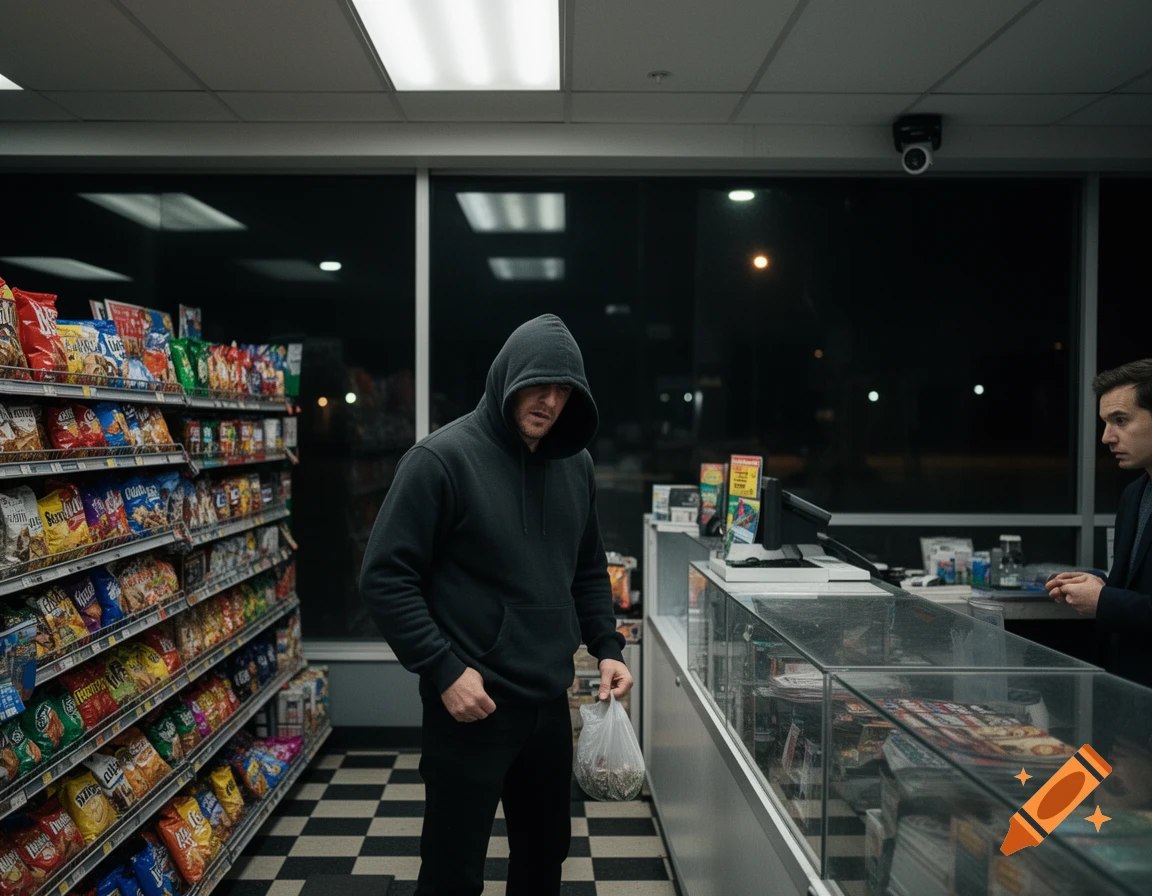 A man in a dark hoodie holds a bag while standing inside a convenience store at night, with a cashier behind the counter.