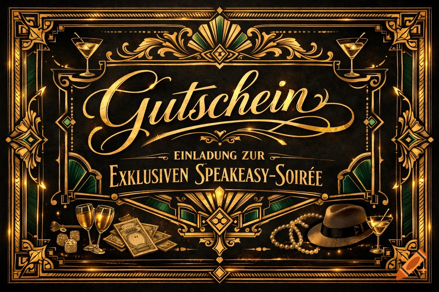 An Art Deco style invitation for an exclusive speakeasy soiree, featuring gold, black, and dark green. It shows text 'Gutschein EINLADUNG ZUR EXKLUSIVEN SPEAKEASY-SOIRÉE', cocktails, champagne, money, dice, a fedora, and pearls.