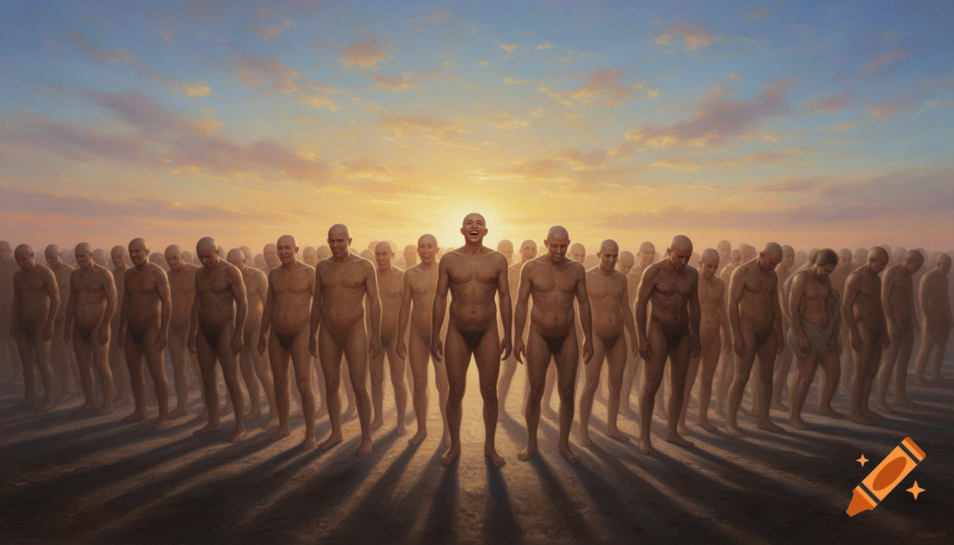 A large crowd of bald, naked people stand facing a bright sunrise, with one figure in the center smiling broadly.