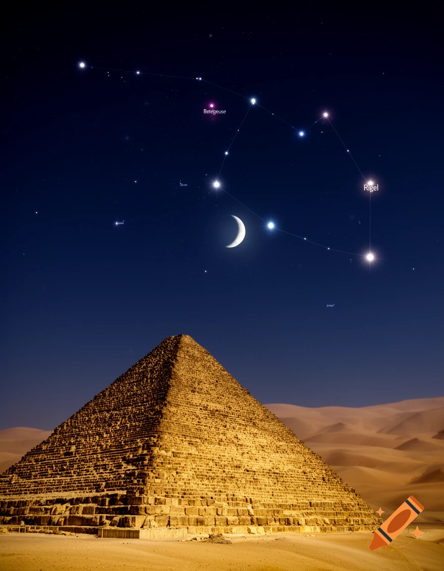 A photorealistic image of an ancient pyramid in a desert at night, under a dark sky with a crescent moon and the Orion constellation.