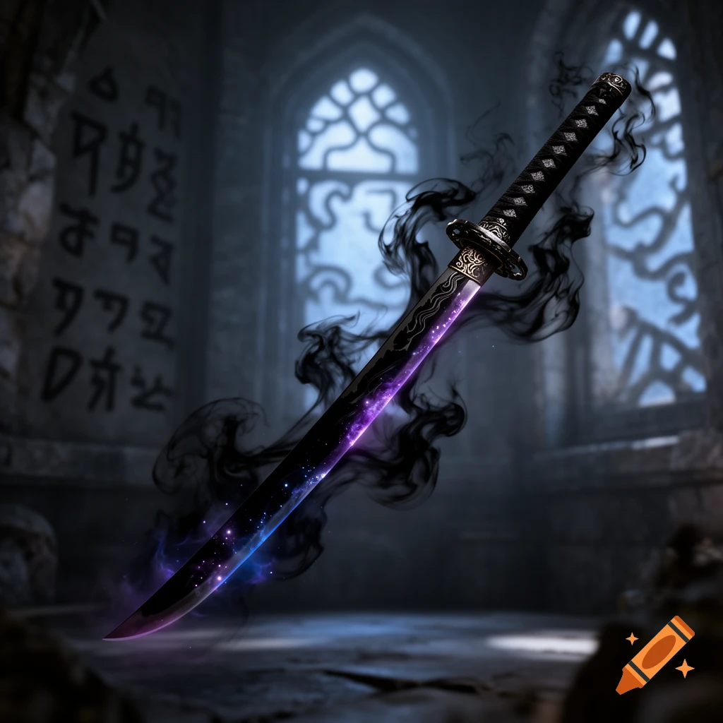A dark katana with a glowing purple galaxy-like blade and black smoke floats in an ancient gothic ruin.