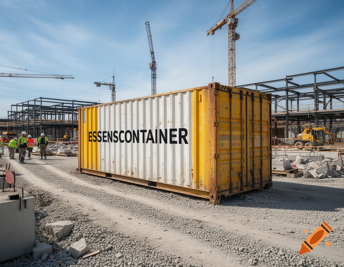 Photorealistic image of a yellow and white shipping container labeled "ESSENSCONTAINER" on a gravel construction site with workers and cranes.