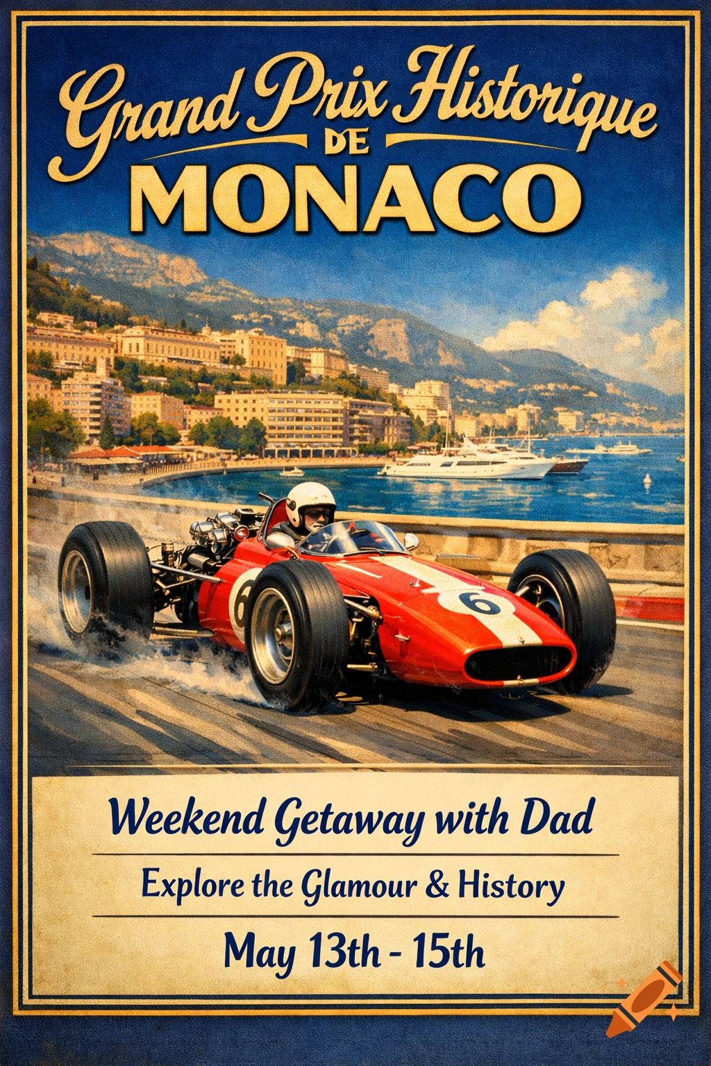 A vintage-style poster depicting a red classic race car on a track in Monaco, with text "Grand Prix Historique DE MONACO" and "Weekend Getaway with Dad".