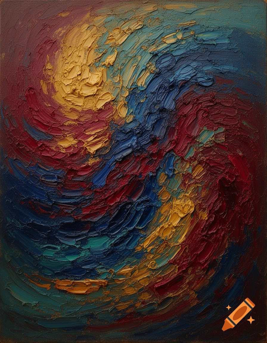 Abstract oil painting with thick, swirling palette knife strokes in gold, red, blue, and teal.