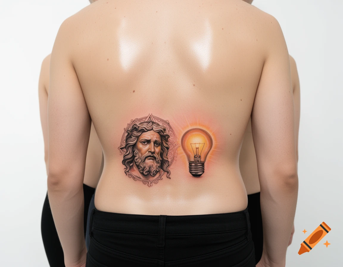 A person's bare back with two detailed tattoos: a classical-style bearded face and a glowing lightbulb.