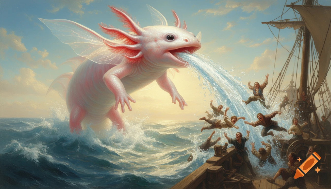 A giant winged axolotl creature leaps from the ocean, spraying water from its mouth onto a wooden sailing ship, blasting sailors into the sea, in a renaissance painting style.