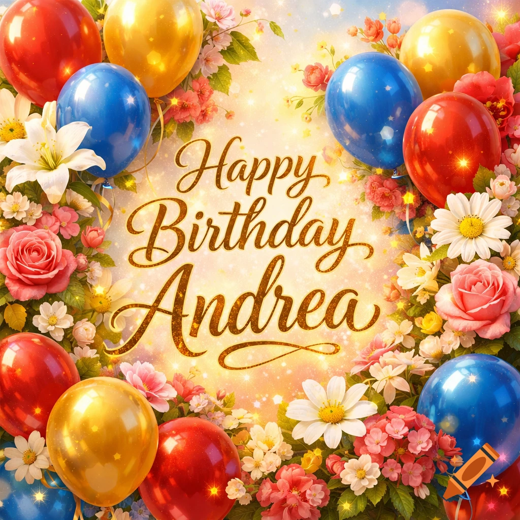 A vibrant birthday card with the text 'Happy Birthday Andrea' surrounded by red, blue, and gold balloons, and various colorful flowers.