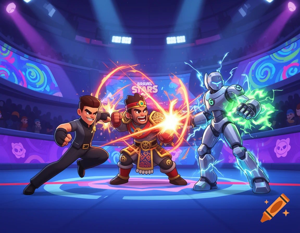 Three cartoon characters, one in a black uniform, one in red and gold armor, and a gray robot, fight in a brightly lit arena.
