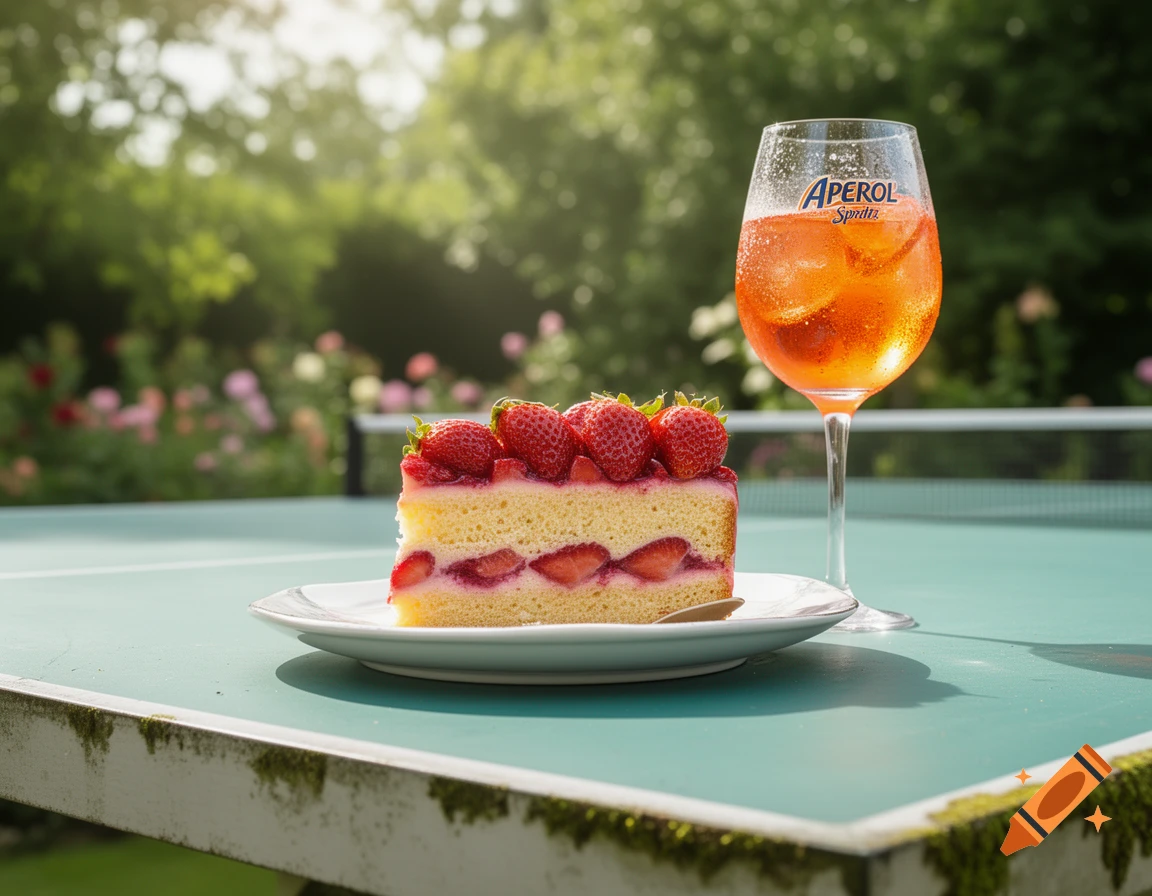 A slice of strawberry cake and a glass of Aperol Spritz on a green ping-pong table outdoors, with a blurred garden in the background.