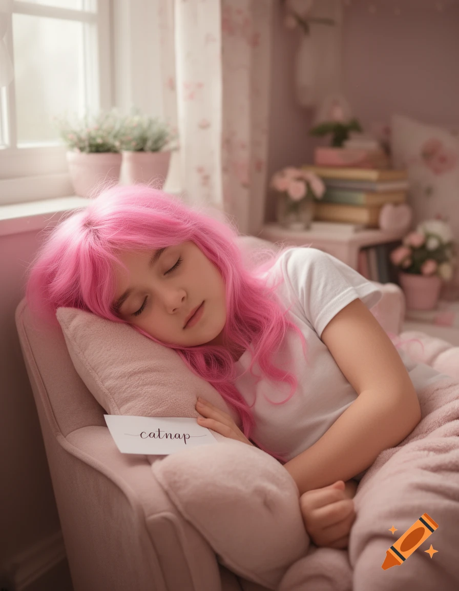 A girl with bright pink hair sleeps peacefully on a pink pillow and blanket in a soft, bright room. A card with 'catnap' rests near her hand.
