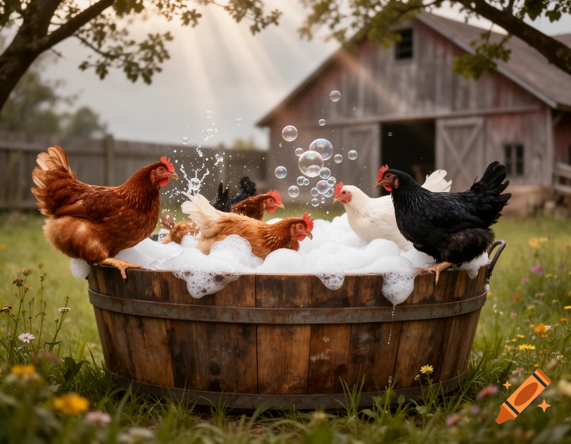 Photorealistic image of several chickens taking a bubble bath in a wooden barrel outside a rustic barn, with bubbles and water splashing.