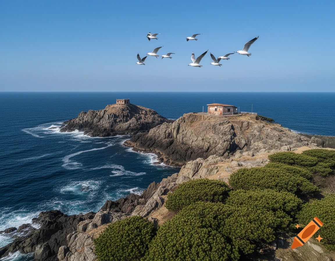 Photorealistic aerial view of rocky islands with small buildings surrounded by deep blue sea and flying seagulls under a clear sky.