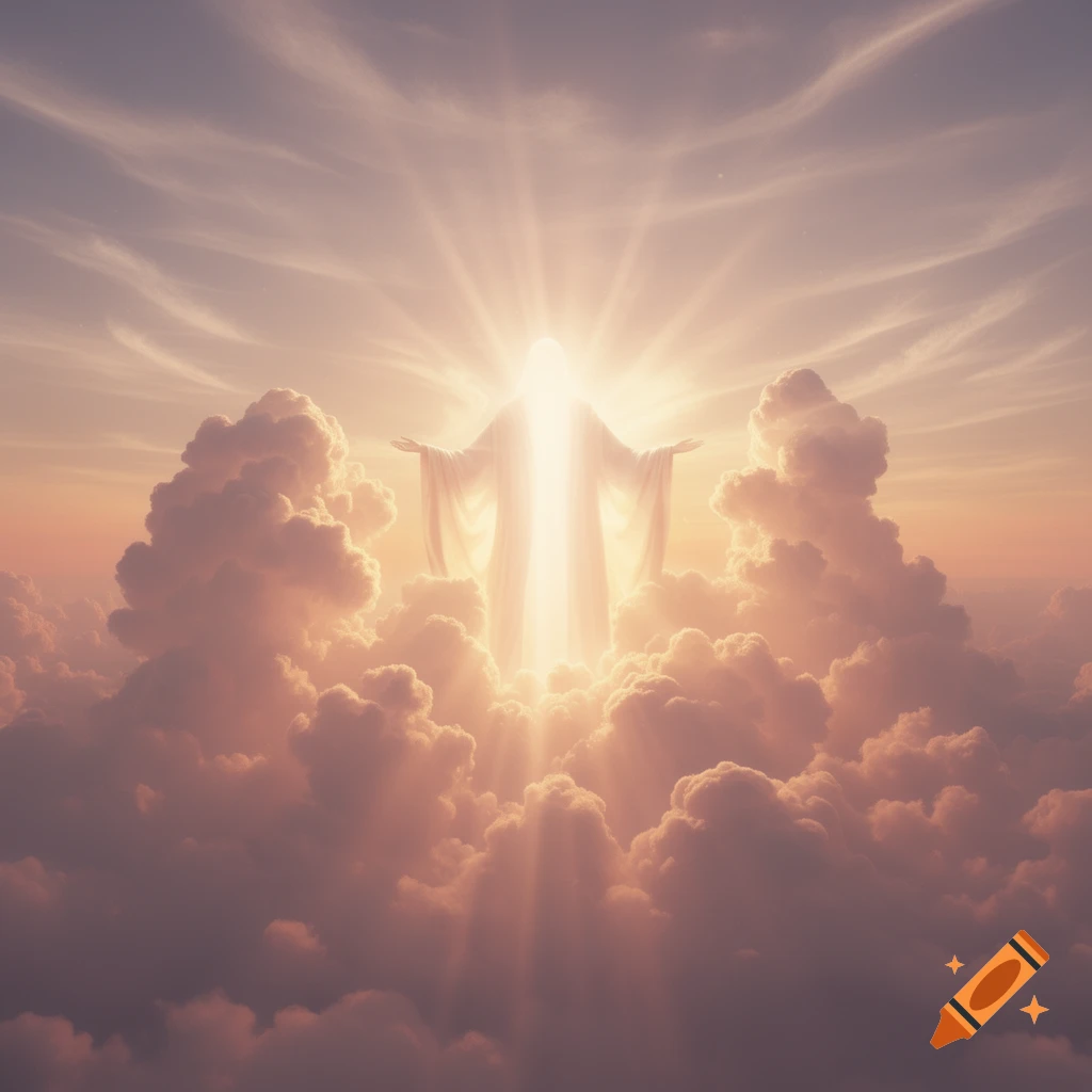 A luminous, robed figure with outstretched arms rises through golden clouds with sun rays beaming from behind.