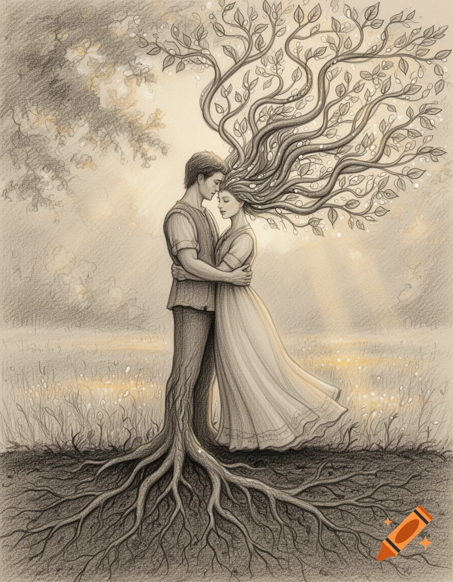 A folkloric pencil sketch of a couple embracing; the man's legs are tree roots, and the woman's hair is tree branches.