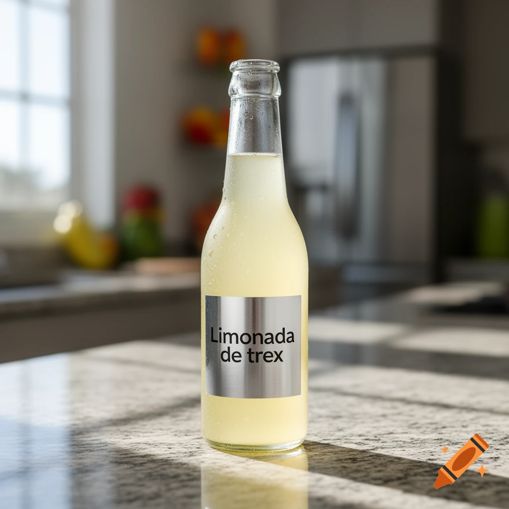 A cold bottle of "Limonada de trex" on a granite kitchen counter.