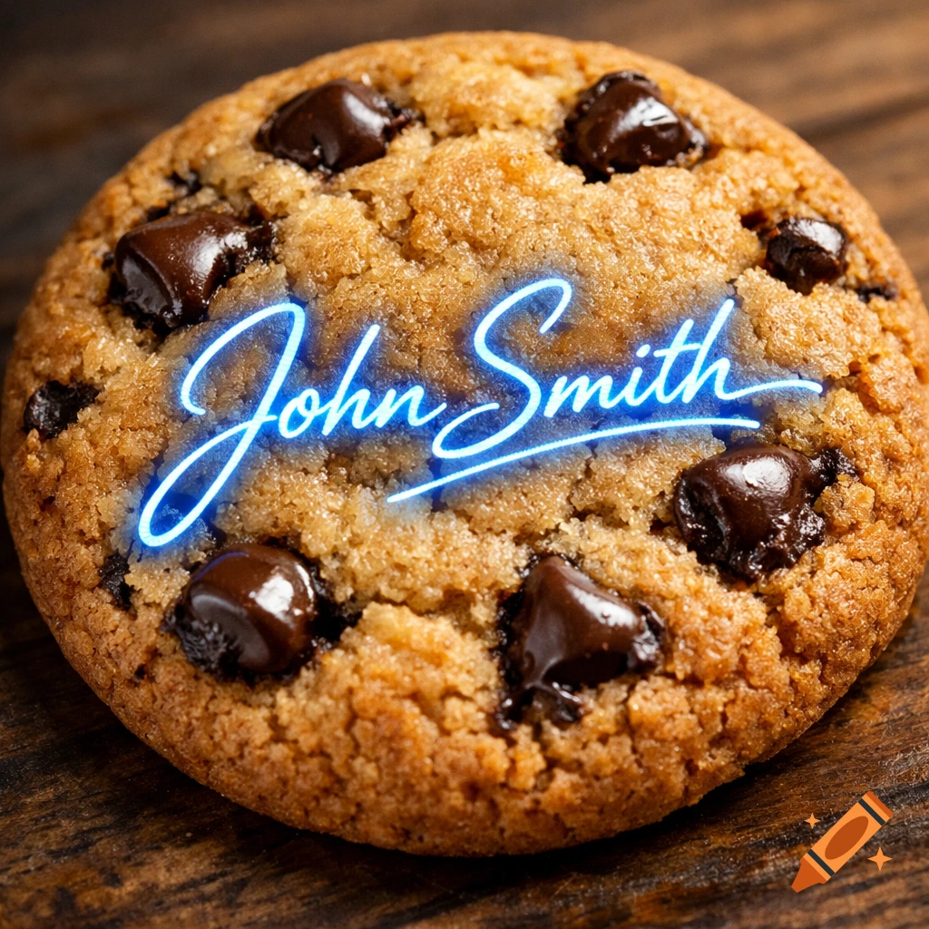 Photorealistic chocolate chip cookie on wood with a glowing blue 'John Smith' digital signature.