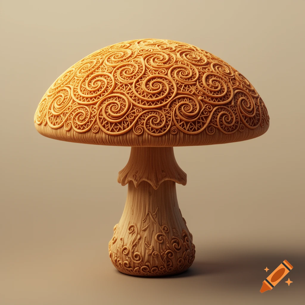 A decorative mushroom carved from light wood, featuring intricate spiral and geometric patterns on its cap and stem.