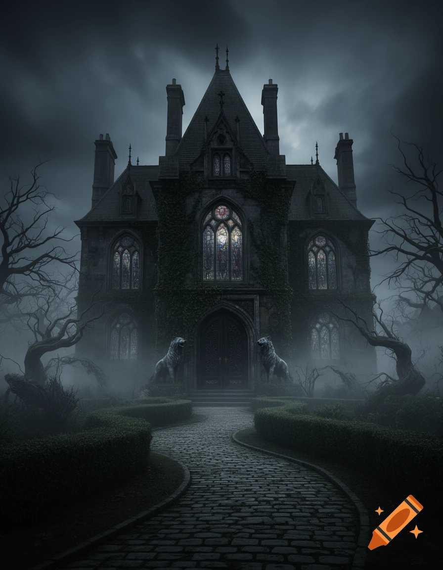 A dark gothic mansion with glowing stained glass, twisted trees, and a cobblestone path under a stormy sky.