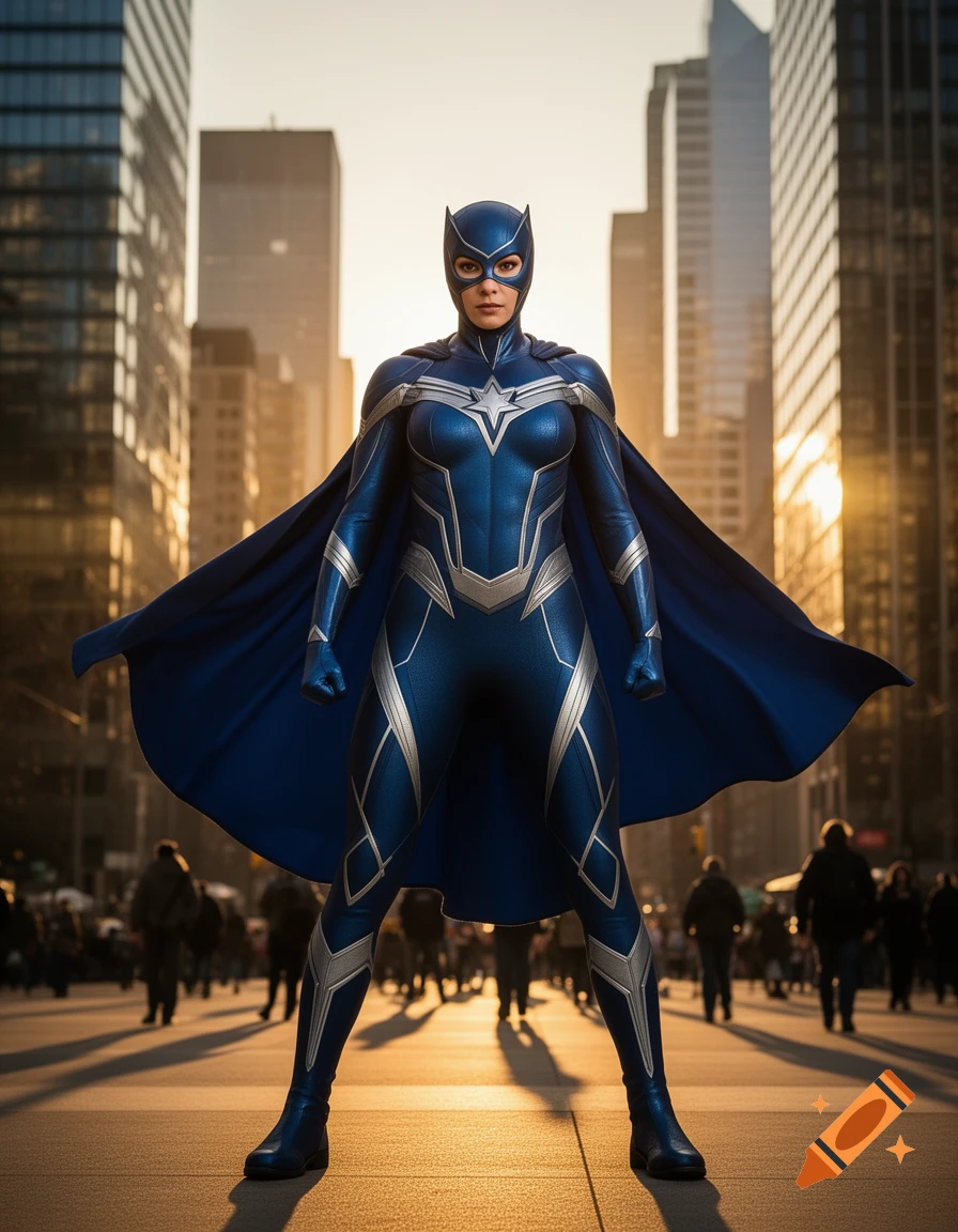 A female superhero in a blue and silver suit and cape stands ...