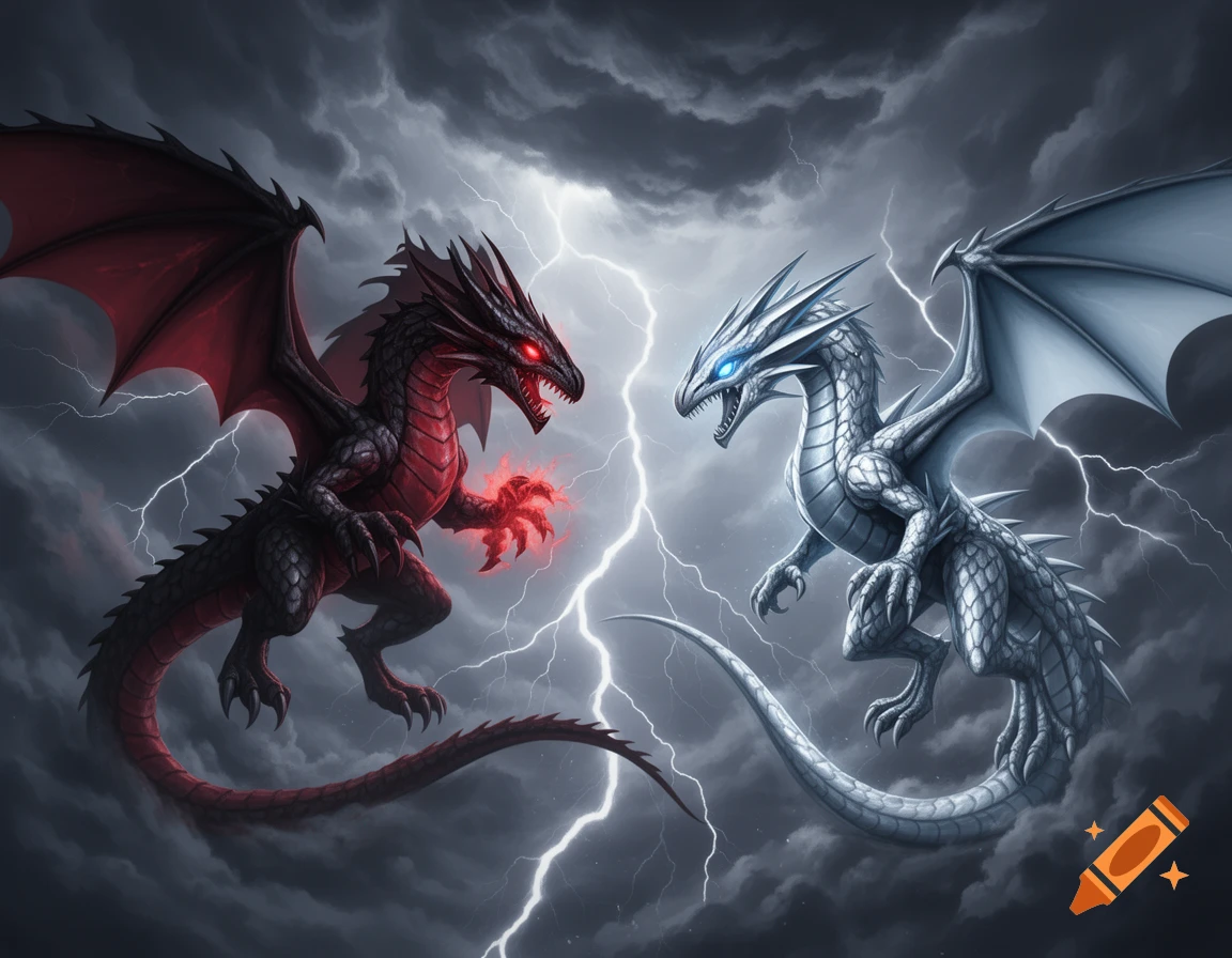 A red-eyed black dragon fights a blue-eyed white dragon in a stormy sky with lightning.