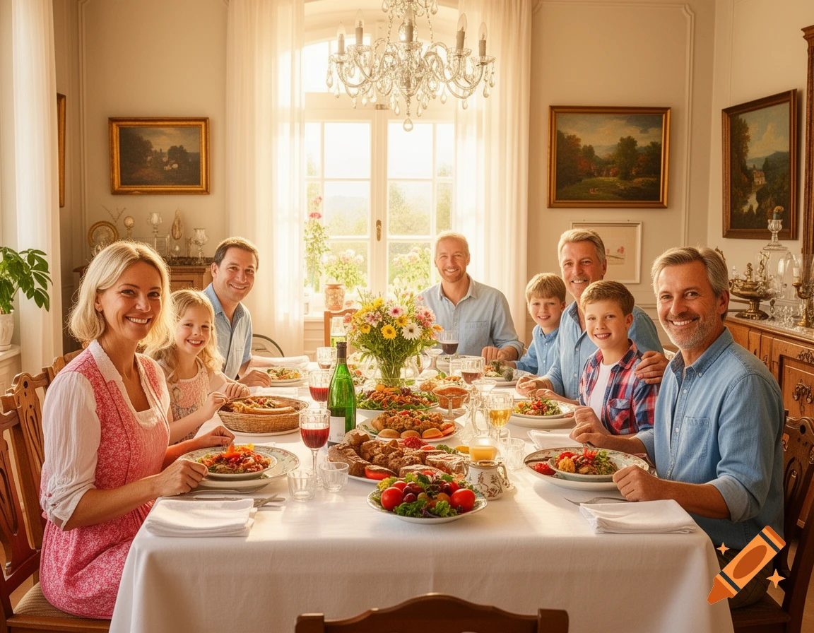 A large, happy family smiles during a Sunday dinner at a long table laden with food in a bright dining room.