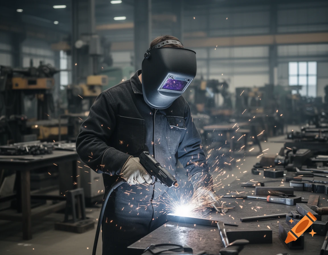 Photorealistic image of a welder in a mask and suit working with a torch, creating sparks in a factory.