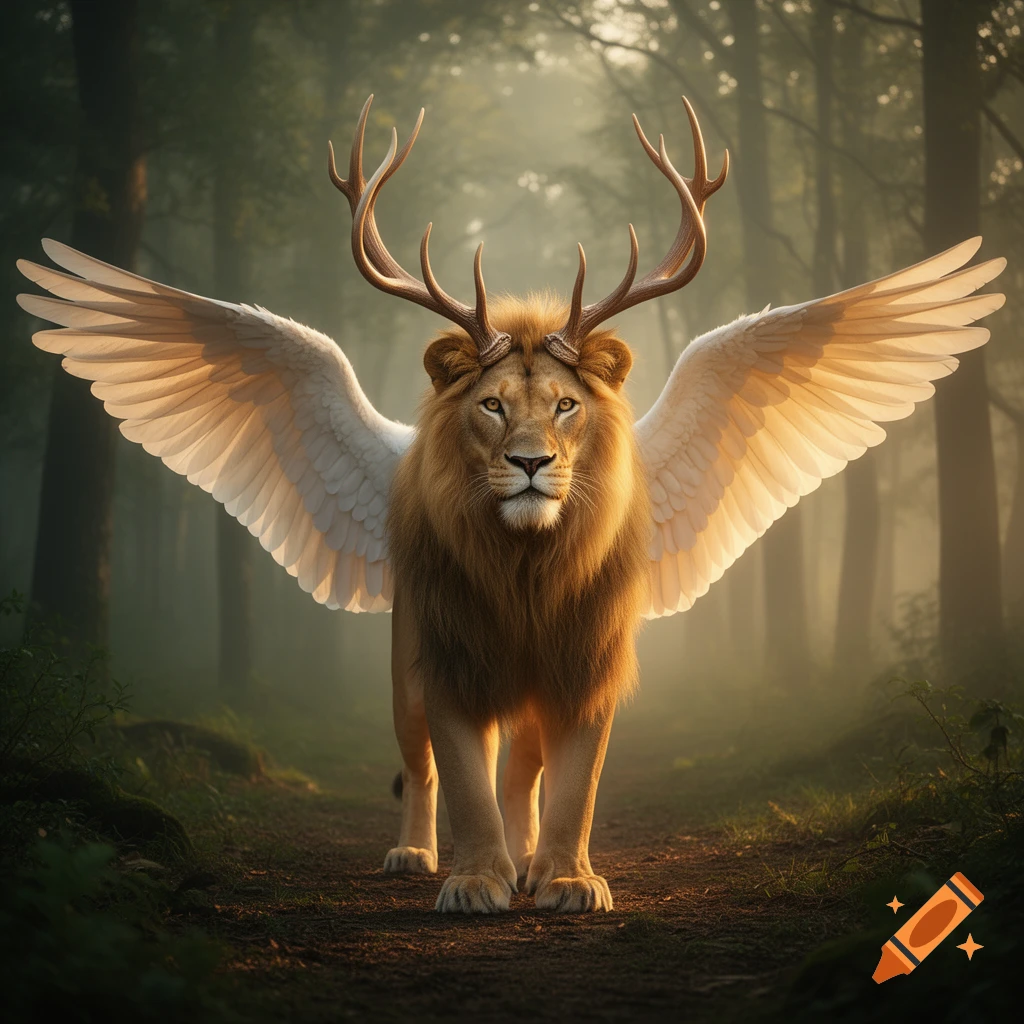 A majestic winged lion with deer antlers stands on a path in a misty, sunlit forest, photorealistic.