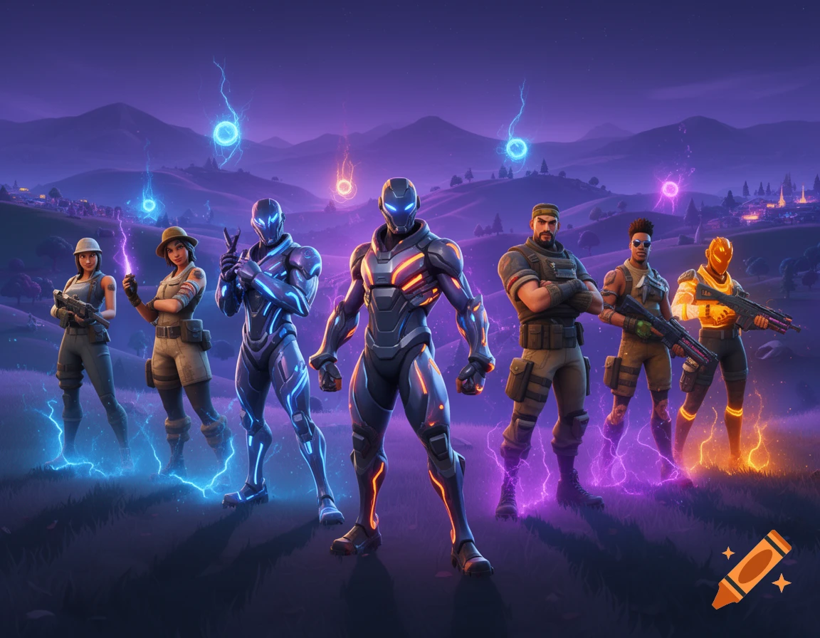 Seven diverse Fortnite characters with glowing outlines stand in a purple landscape under a dark sky with lightning orbs.