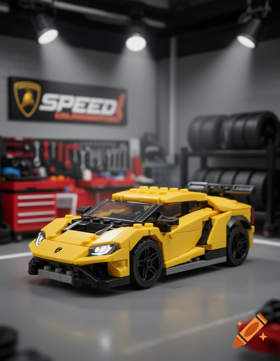 A yellow Lego Lamborghini SC63 Speed Champion model is parked in a detailed garage with tools, tires, and a 'SPEED' banner.