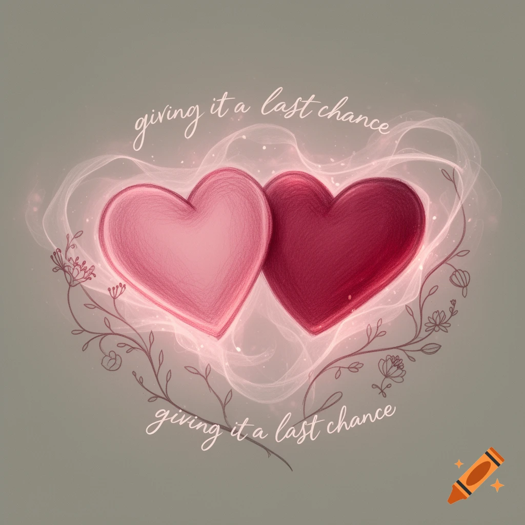 Two drawn pink and red hearts, surrounded by glowing smoke and floral vines, with the text 'giving it a last chance' above and below.