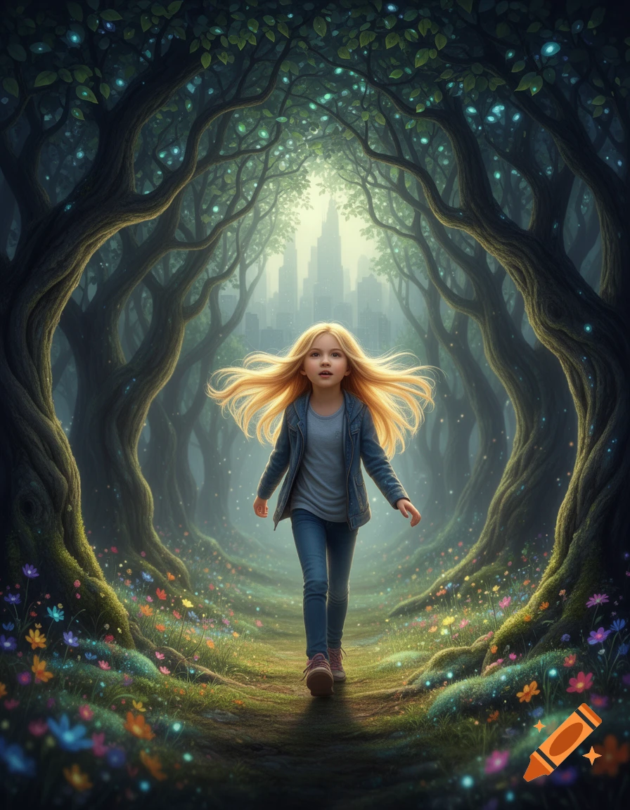 A blonde girl walks through a mystical glowing forest path lined with ...