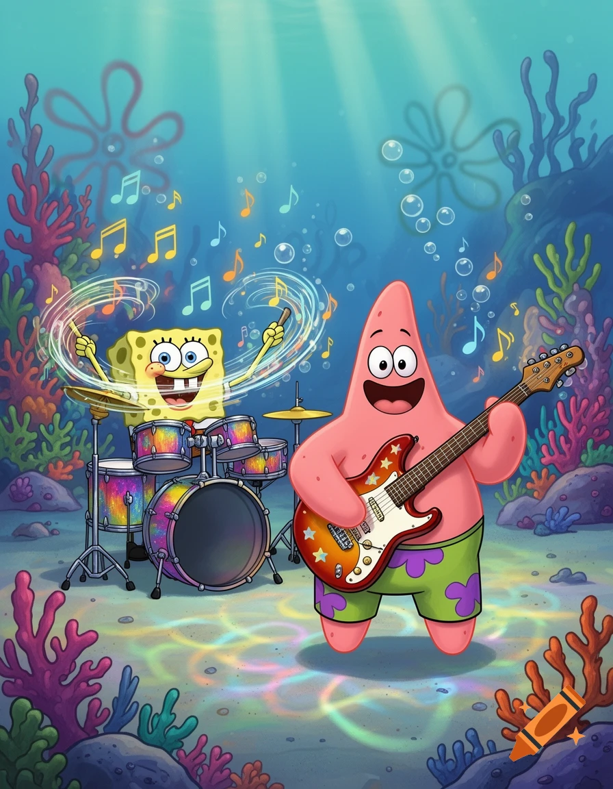 SpongeBob SquarePants playing drums underwater while Patrick Star plays an electric guitar.