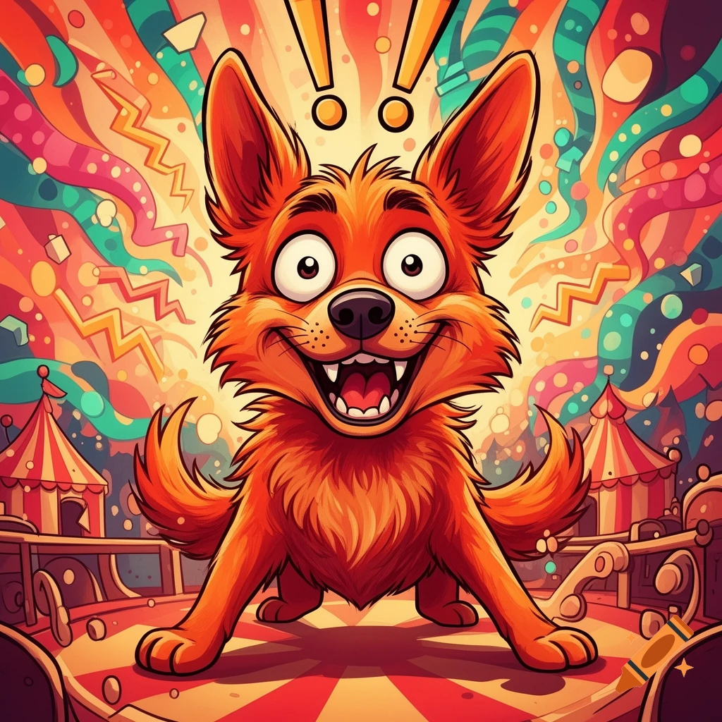 A wide-eyed, grinning orange cartoon dog with large ears stands in a vibrant, colorful circus setting with abstract shapes and tents.