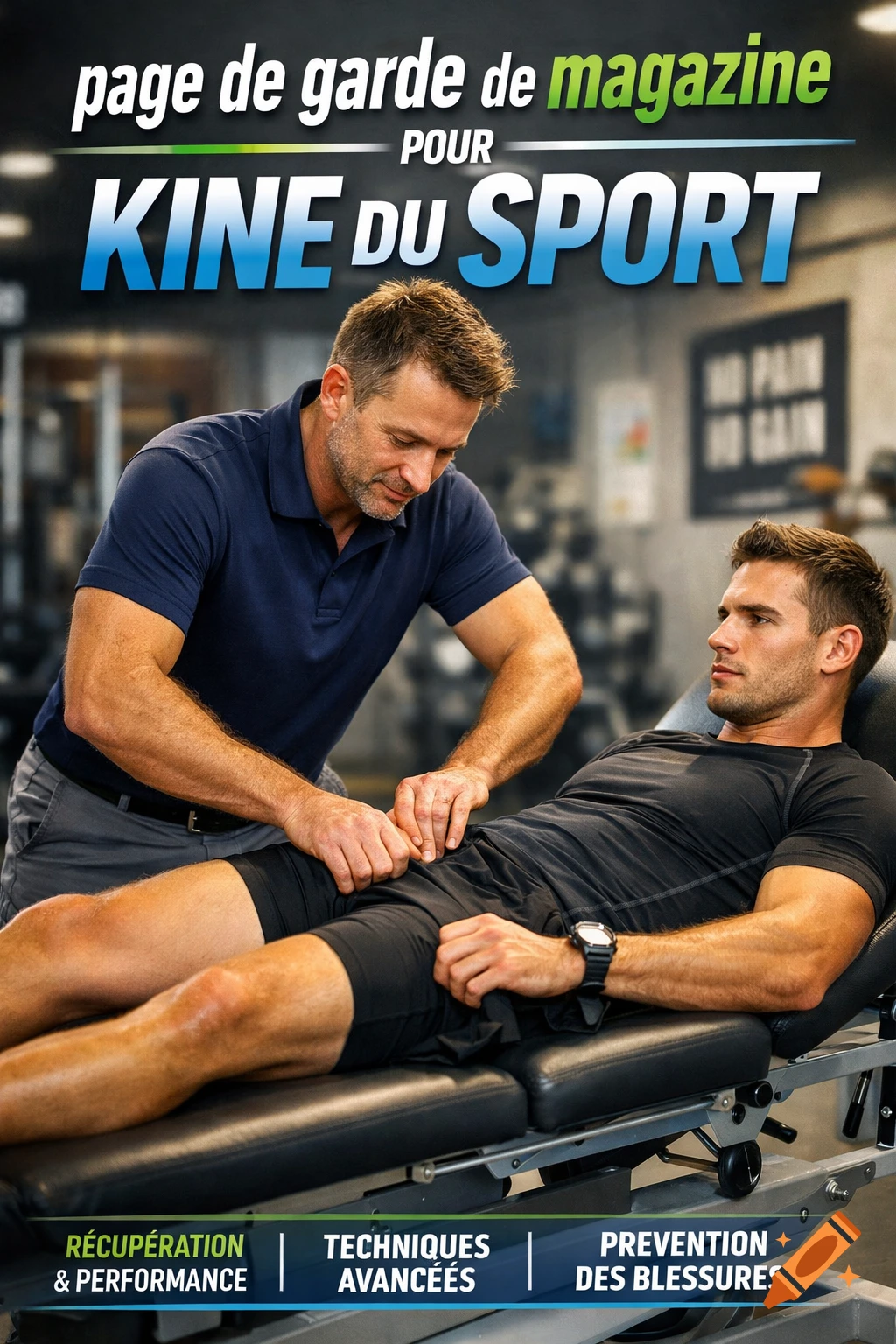 A kinesiologist examines an athlete's hip on a treatment table in a gym, with text overlay for a sports medicine magazine cover.