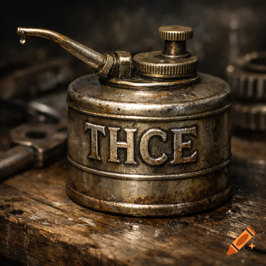 An old, rusty metal oil can with 'THCE' embossed, a drop of oil on its spout, sits on a worn wooden table.