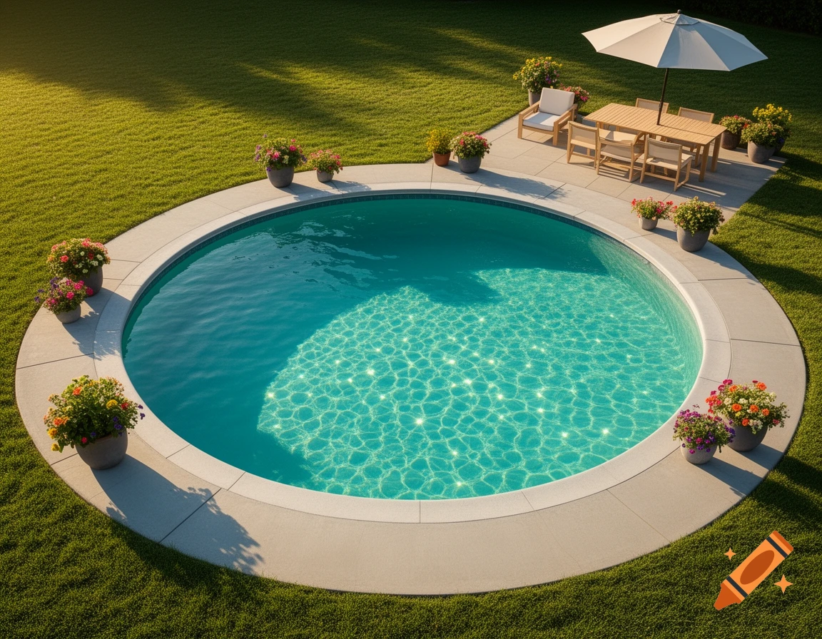 A round swimming pool in a lush green backyard with a patio, outdoor dining set, and potted flowers.