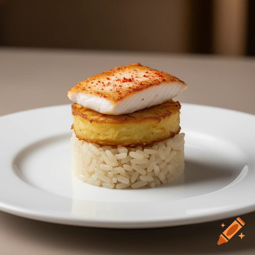 A precisely stacked appetizer with seasoned rice, a potato rosti, and a piece of cayenne-spiced chicken, on a white plate.