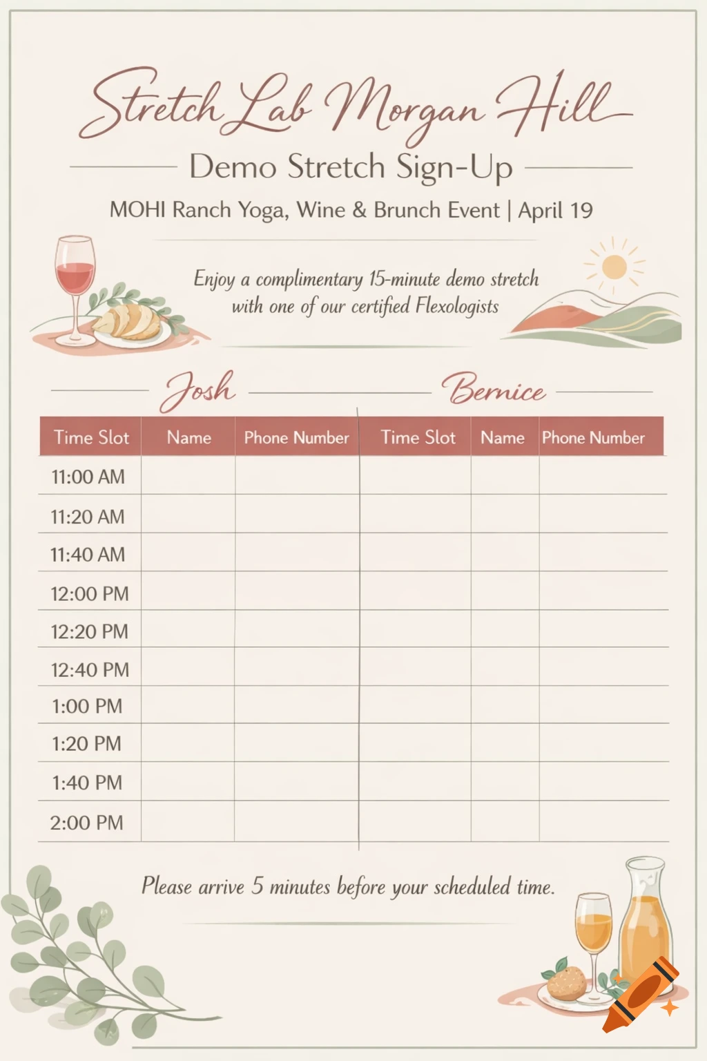 A stylized sign-up sheet titled 'Stretch Lab Morgan Hill - Demo Stretch Sign-Up' for a Yoga, Wine & Brunch event, featuring illustrations of wine, bread, and greenery.